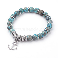 Natural Ocean Jasper Charm Bracelets, with Alloy Anchor Pendants and CCB Plastic Beads, Platinum, 2-1/8 inch(53mm)(BJEW-JB03403-04)