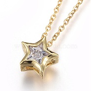 304 Stainless Steel Brass Cubic Zirconia Pendant Necklaces, Star, Clear, Star, Clear, Golden, 17.8 inch(45.5cm), Pendant: 8x8x4mm(X-NJEW-O108-13G)