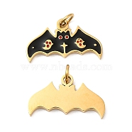 Halloween Ion Plating(IP) 304 Stainless Steel Pendants, with Enamel and Jump Ring, Golden, Bat Charm, Black, 16x9x1mm, Hole: 2.6mm(STAS-D066-03G)