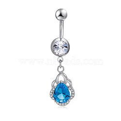 Piercing Jewelry, Brass Cubic Zirconia Navel Ring, Belly Rings, with 304 Stainless Steel Bar, Lead Free & Cadmium Free, teardrop, Platinum, Deep Sky Blue, 42mm, Bar: 15 Gauge(1.5mm), Bar Length: 3/8"(10mm)(AJEW-EE0006-07A)