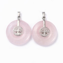 Natural Rose Quartz Pendants, with Platinum Tone Brass Findings, Donut/Pi Disc with Tree of Life, 35.5x30x8.5~9.5mm, Hole: 4.5x6.5mm(G-F640-E07)