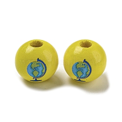 Printed Wood European Beads, Large Hole Beads, Round, Yellow, 16~16.5x14.5~15mm, Hole: 4mm(WOOD-L020-D13)