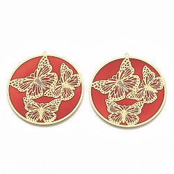 Brass Enamel Pendants, Etched Metal Embellishments, Matte Gold Color, Flat Round with Butterfly, FireBrick, 49x47x0.3mm, Hole: 1.2mm(KK-N223-07C)