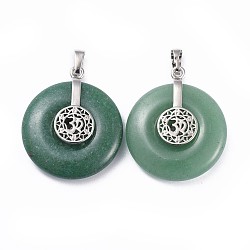 Natural Green Aventurine Pendants, with Platinum Tone Brass Findings, Donut/Pi Disc with Aum/Om Symbol, 35.5x30x8.5~9.5mm, Hole: 4.5x6.5mm(G-F640-F06)