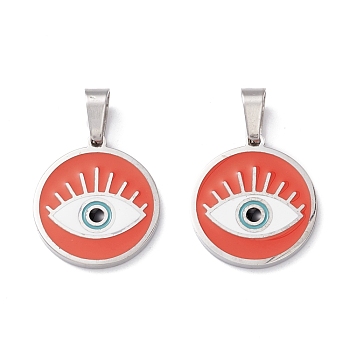 304 Stainless Steel Enamel Pendants, Flat Round with Eye, Stainless Steel Color, 17x15x1.5mm, Hole: 5X3mm