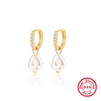 925 Sterling Silver Micro Pave Cubic Zirconia Dangle Hoop Earrings, Natural Pearl Drop Earrings, with 925 Stamp, Real 18K Gold Plated, 22x5mm