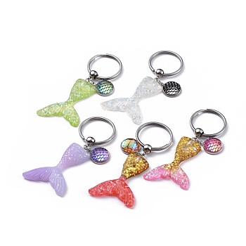 Resin Glitter Powder Keychain, with 316 Surgical Stainless Steel Split Key Rings, Mermaid Tail Shape & Flat Round with Mermaid Fish Scale, Mixed Color, 75mm