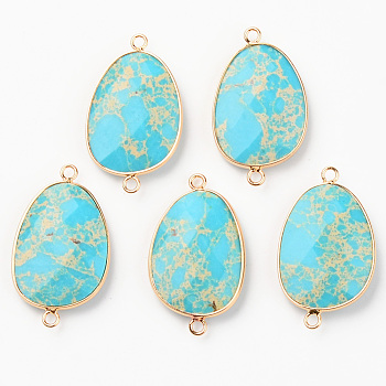 Natural Dyed Regalite/Imperial Jasper/Sea Sediment Jasper Links, with Light Gold Plated Edge Brass Loops, Faceted, Oval, Deep Sky Blue, 39x23x7mm, Hole: 2mm