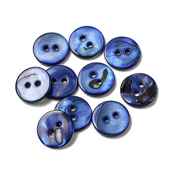 Freshwater Shell Buttons, 2-Hole, Flat Round, Blue, 15x1~2mm, Hole: 1.5~2mm