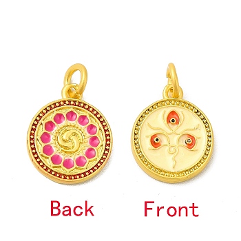 Rack Plating Alloy Enamel Pendants with Jump Ring, Double Side Pattern Flat Round Charms, Matte Gold Color, Champagne Yellow, 16x13x1.8mm, Jump Ring: 6x1mm, 4mm Inner Diameter