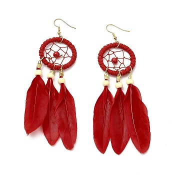 Feather Woven Net Chandelier Earrings, Alloy Long Tassel Drop Earrings for Women, Red, 126mm, Pin: 0.6mm