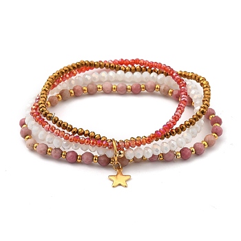 Stretch Bracelets, with Natural Rhodochrosite Beads, Glass Beads, Brass Beads and Star 304 Stainless Steel Charms, Golden, Inner Diameter: 5.5cm(2-1/8 inch)