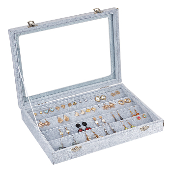 4-Slot Rectangle Velvet Earring Presentation Boxes, Clear Glass Window Jewelry Organizer Holder Case, for Earrings Storage, Light Grey, 28.2x20.8x4.9cm