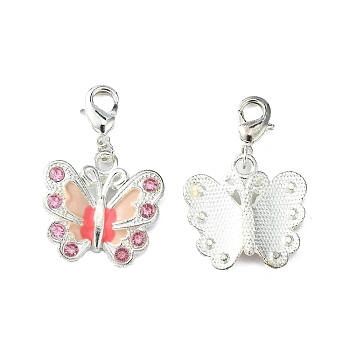 Silver Plated Alloy Enamel Rhinestone Pendants, with Brass Finding, Butterfly, Pink, 33mm