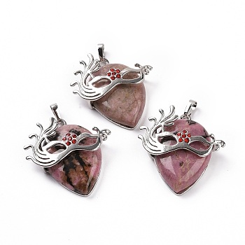 Natural Rhodonite Pendants, Teardrop with Mask Charms, with Rack Plating Platinum Plated Brass Ruby Rhinestone Findings, 37~37.5x34.5~36x10~11mm, Hole: 6x4mm