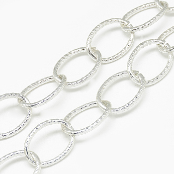 Aluminum Cable Chains, Textured, Unwelded, Oval, Silver Color Plated, 19.5x14.5x2mm