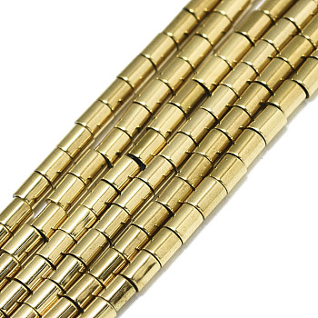 Electroplate Non-magnetic Synthetic Hematite Beads Strands, Column, Real 18K Gold Plated, 2.5x2mm, Hole: 0.8mm, about 150~152pcs/strand, 15.75 inch(40cm)
