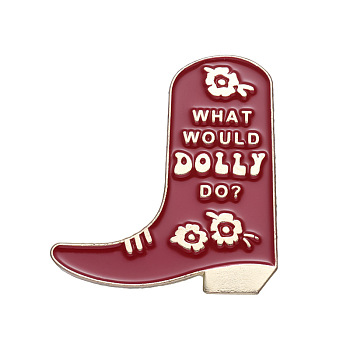 Cute Cowboy Boots with Word What Would Dolly Do Safety Brooch Pin, Alloy Enamel Badge for Suit Shirt Collar, Men/Women, Dark Red, 29x28mm