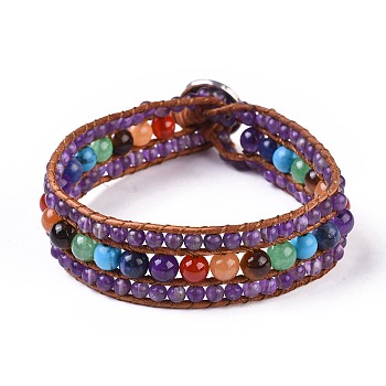 Natural Amethyst Beaded Cord Bracelets, with Mixed Stone, Leather Cord and Alloy Clasps, Tree, 8-5/8 inch(22cm), 20mm