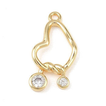 Brass Micro Pave Clear Cubic Zirconia Pendants, Heart Ring with Flat Round, Cadmium Free & Nickel Free & Lead Free, Real 18K Gold Plated, 17.5x11x2.5mm, Hole: 1.2mm
