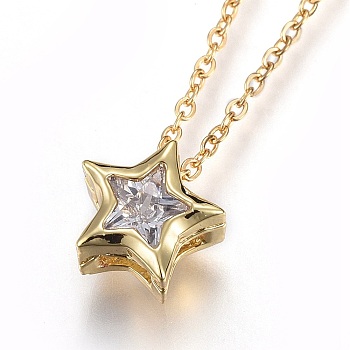 304 Stainless Steel Brass Cubic Zirconia Pendant Necklaces, Star, Clear, Star, Clear, Golden, 17.8 inch(45.5cm), Pendant: 8x8x4mm