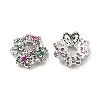 Brass Micro Pave Colorful Cubic Zirconia Bead Caps, Clover, Platinum, 8x8x3mm, Hole: 1.8mm
