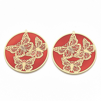 Brass Enamel Pendants, Etched Metal Embellishments, Matte Gold Color, Flat Round with Butterfly, FireBrick, 49x47x0.3mm, Hole: 1.2mm