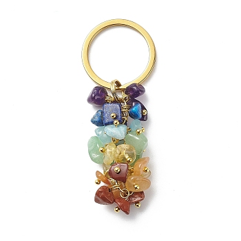 Chakra Theme Natural Gemstone Chip Bead Keychain, with 304 Stainless Steel Findings, Golden, 6.5cm