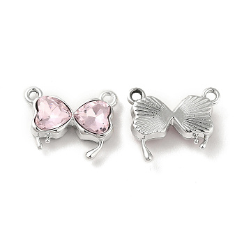 Glass Charms, Rack Plating Platinum Alloy Findings, Nickel Free, Bowknot, Pink, 14x16x4.5mm, Hole: 1.5mm