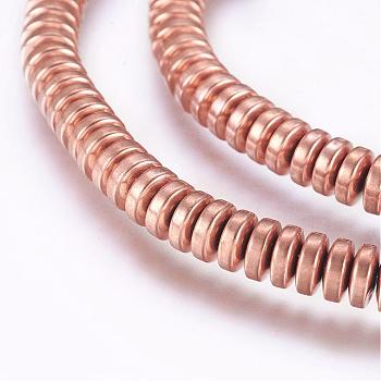 Electroplate Non-magnetic Synthetic Hematite Beads Strands, Heishi Beads, Flat Round/Disc, Rose Gold Plated, 5.5x2mm, Hole: 0.5mm, about 189pcs/strand, 15.9 inch