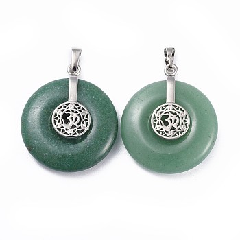 Natural Green Aventurine Pendants, with Platinum Tone Brass Findings, Donut/Pi Disc with Aum/Om Symbol, 35.5x30x8.5~9.5mm, Hole: 4.5x6.5mm