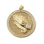 Brass Micro Pave Clear Cubic Zirconia Pendants, Flat Round with Prying Hand Charms, Long-Lasting Plated, Rack Plating, Lead Free & Cadmium Free, Real 18K Gold Plated, 36x33x4.5mm, Hole: 4x3.5mm(KK-H267-059B-G)