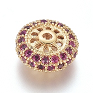 Brass Micro Pave Cubic Zirconia Spacer Beads, Flat Round, Deep Pink, Golden, 11x5mm, Hole: 1.4mm(ZIRC-L085-61G)