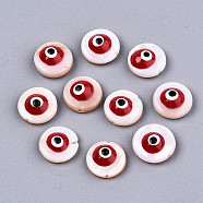 Natural Freshwater Shell Beads, with Enamel, Flat Round with Evil Eye, Red, 9x4.5mm, Hole: 0.8mm(SHEL-T018-10D)