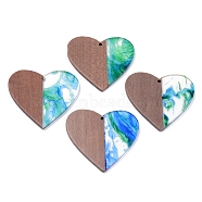 Resin & Walnut Wood Pendants, Two Tone, Heart, Green, 46x48x2~3mm, Hole: 2mm(X-RESI-R428-05)