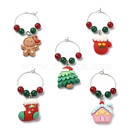 Christmas Resin Wine Glass Charms, with Brass Hoop Earring Findings and Natural & Dyed Malaysia Jade Beads, Gingerbread Man/Tree/House/Gloves/Christmas Socking, Mixed Color, 54~60mm(AJEW-JO00193)