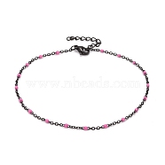 304 Stainless Steel Cable Chain Anklets, with Enamel and Lobster Claw Clasps, Electrophoresis Black, Hot Pink, 230x2mm(AJEW-K030-01EB-02)