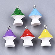 Opaque Resin Pendants, with Platinum Tone Iron Loops, Mushroom with Polka Dots, Mixed Color, 23~24x17mm, Hole: 2mm(X-RESI-T028-69)
