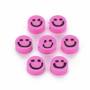 Handmade Polymer Clay Beads, Flat Round with Smiling Face, Deep Pink, 8~9x4mm, Hole: 1.5mm(CLAY-S096-010D)