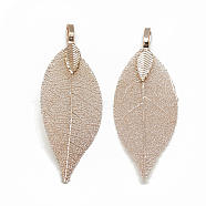 Iron Big Pendants, Electroplate Natural Leaf, Leaf, Rose Gold Plated, 52~53x19~20x1.5mm, Hole: 3x5.5mm(IFIN-T006-08RG)