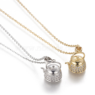 Brass Micro Pave Cubic Zirconia Pendant Necklaces, with 304 Stainless Steel Cable Chains, Teapot, Mixed Color, 17.5 inch(44.5cm), 1.5mm(NJEW-I230-11)