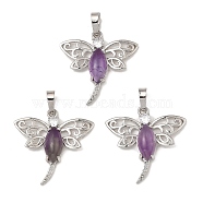 Rack Plating Brass Pendants, with Natural Amethyst, Dragonfly Charms, Platinum, 30x30.5x6mm, Hole: 8x5mm(G-Z033-09P-02)