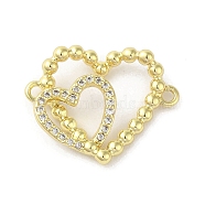 Rack Plating Brass Micro Pave  Clear Cubic Zirconia Double Heart Connector Charms, Long-Lasting Plated, Cadmium Free & Lead Free, Real 18K Gold Plated, 17.5x22x4.5mm, Hole: 1.4mm(KK-C052-41A-G)