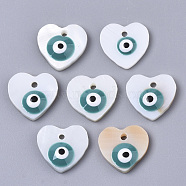 Natural Freshwater Shell Charms, with Enamel, Heart with Evil Eye, Dark Cyan, 12x12~13x3mm, Hole: 1.4mm(SHEL-N026-36A)