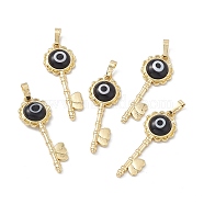 Handmade Evil Eye Lampwork Pendants, with Rack Plating Real 18K Gold Plated Brass Findings, Long-Lasting Plated, Flower Key with Heart, Black, 33x12x3.5mm, Hole: 4x7mm(LAMP-G157-03G-08)