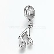 304 Stainless Steel European Dangle Charms, Large Hole Pendants, Musical Note, Stainless Steel Color, 29mm, Hole: 5mm, Pendant: 19x10x2mm, hole: 5mm(OPDL-K001-20AS)