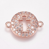 Brass Micro Pave Cubic Zirconia Links, Flat Round with Cross, Clear, Rose Gold, 11x16x2.5mm, Hole: 1mm(X-ZIRC-K074-08-01RG)
