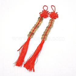 Chinese Knots Polyester Tassel Pendant Decorations, with Alloy Copper Cash, Red, Antique Golden, 325mm(HJEW-WH0011-01)