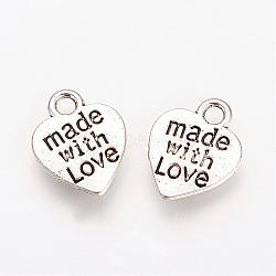 Tibetan Style Alloy Pendants, Heart with Word Made with Love, For Valentine's Day, Cadmium Free & Lead Free, Antique Silver, 12.5x10x1.5mm, Hole: 2mm, about 149pcs/90g(TIBE-S303-47AS-RS)