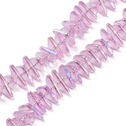 Electroplate Transparent Glass Beads Strands, Rainbow Plated, Triangle, Pink, 9x15.5~16mm, Hole: 1mm, about 120pcs/strand, 24.57~25.67''(62.4~65.2cm)(EGLA-R114-01H)